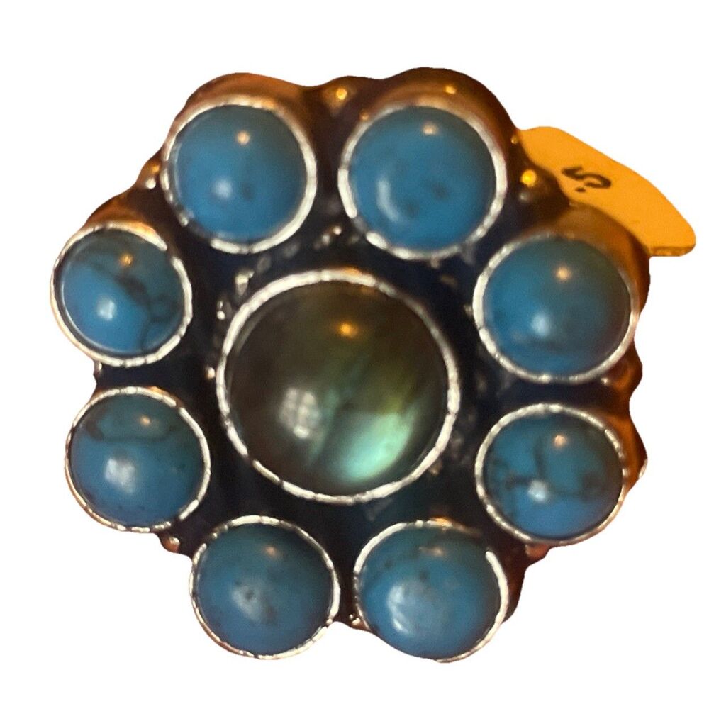 Labradorite Composite Turquoise Flower Cluster Ring Silver Tone Boho Size 7.5